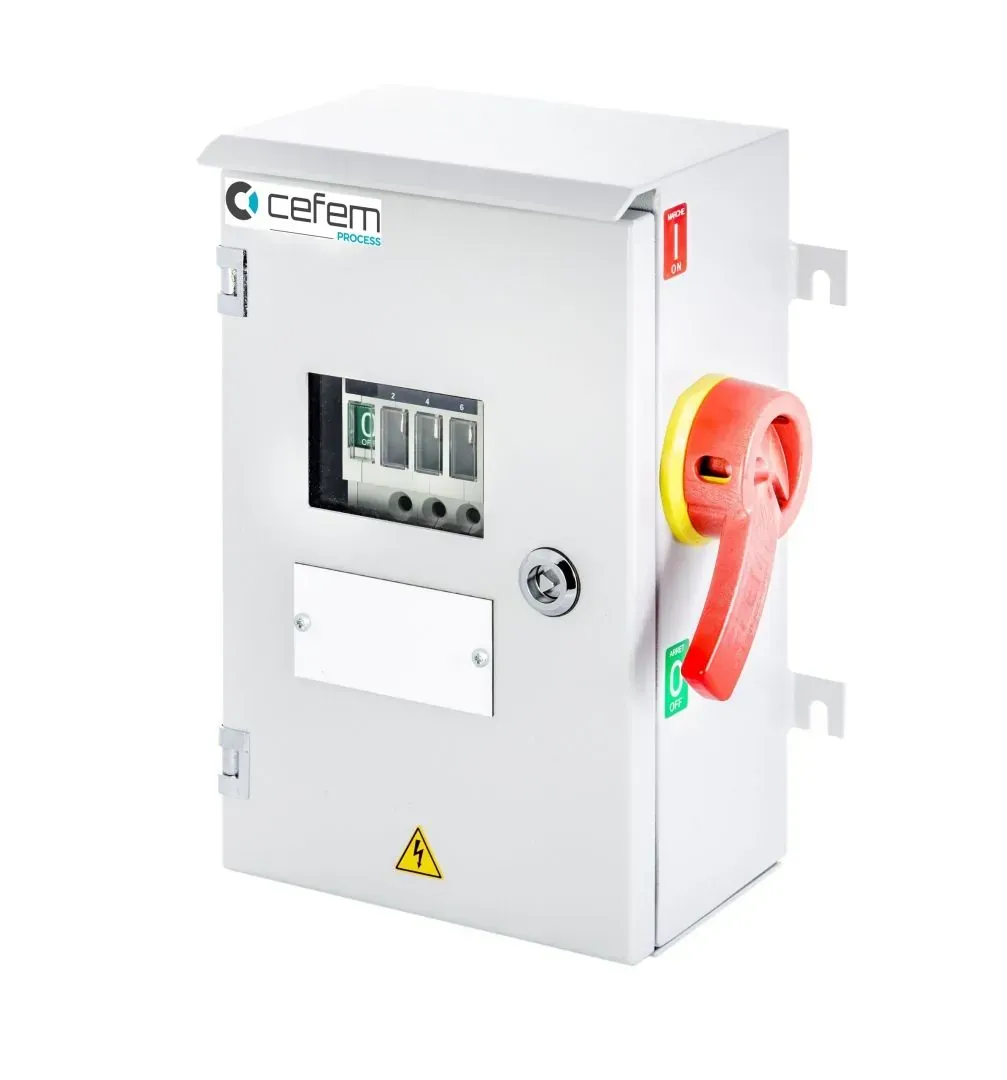 Safebloc CEFEM em aço cinza com manopla vermelha e janela de inspeção