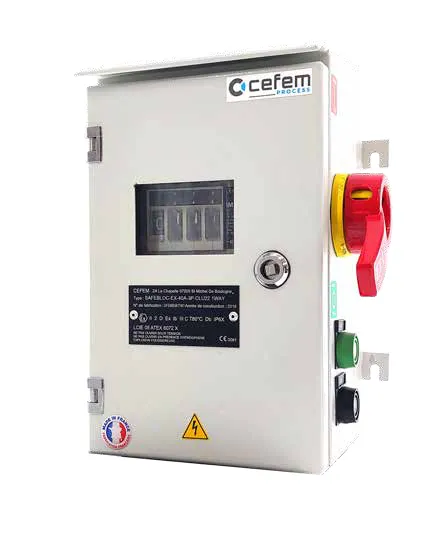 Safebloc CEFEM Process em aço com manopla vermelha, janela de inspeção e botoeiras